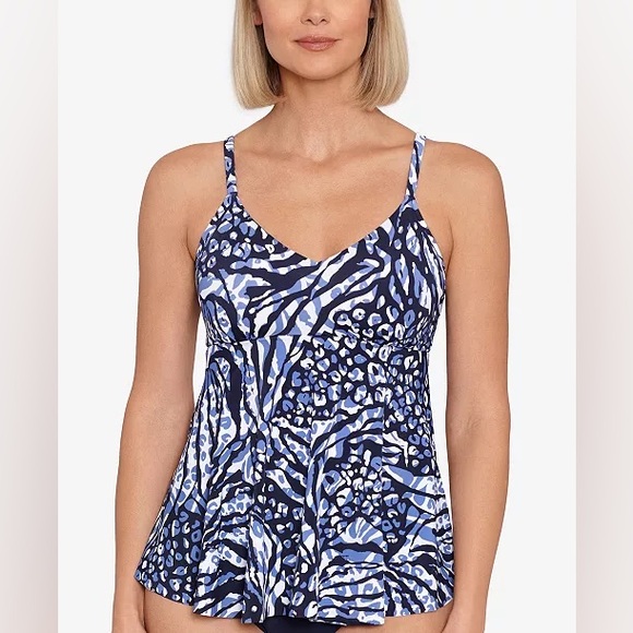 Swim Solutions Navy Animal Print V Neck Underwire Tankini Top (8) - Picture 9 of 9
